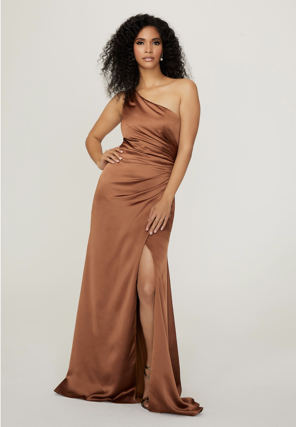 Mori Lee 21795 One-Shoulder Satin Bridesmaid Dress – Bronze